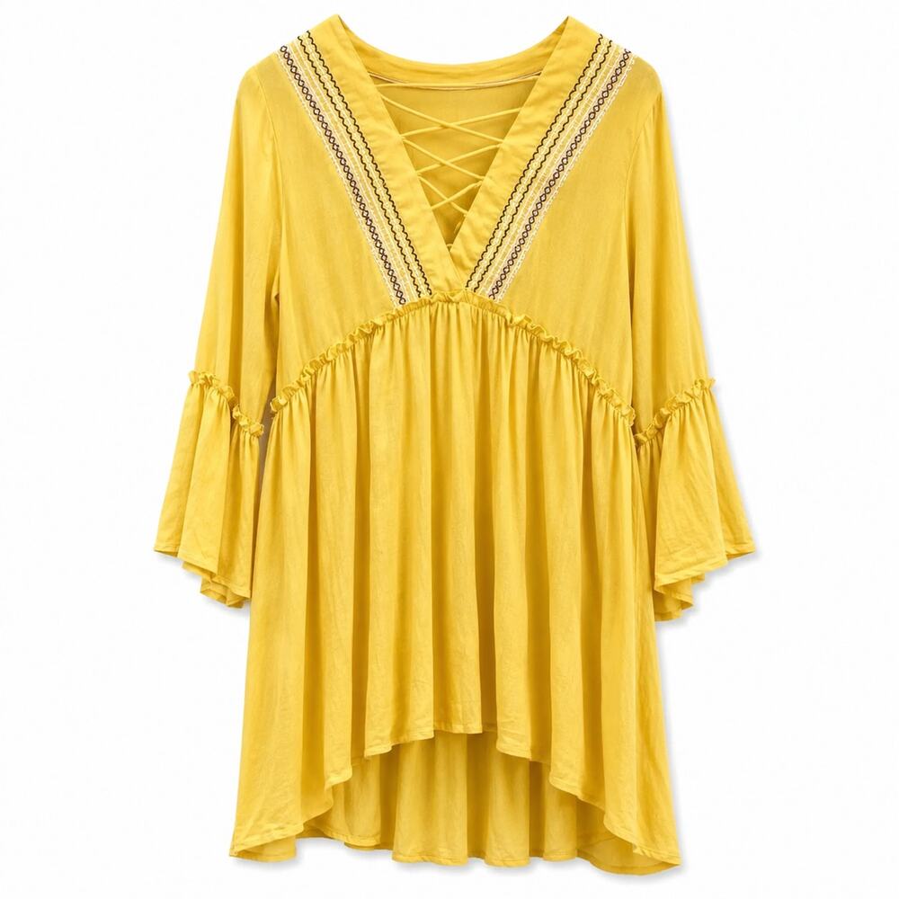 Hazel Embroidered Beach Cover Up Tunic Bell Sleeve Yellow Rayon Women's M NWT